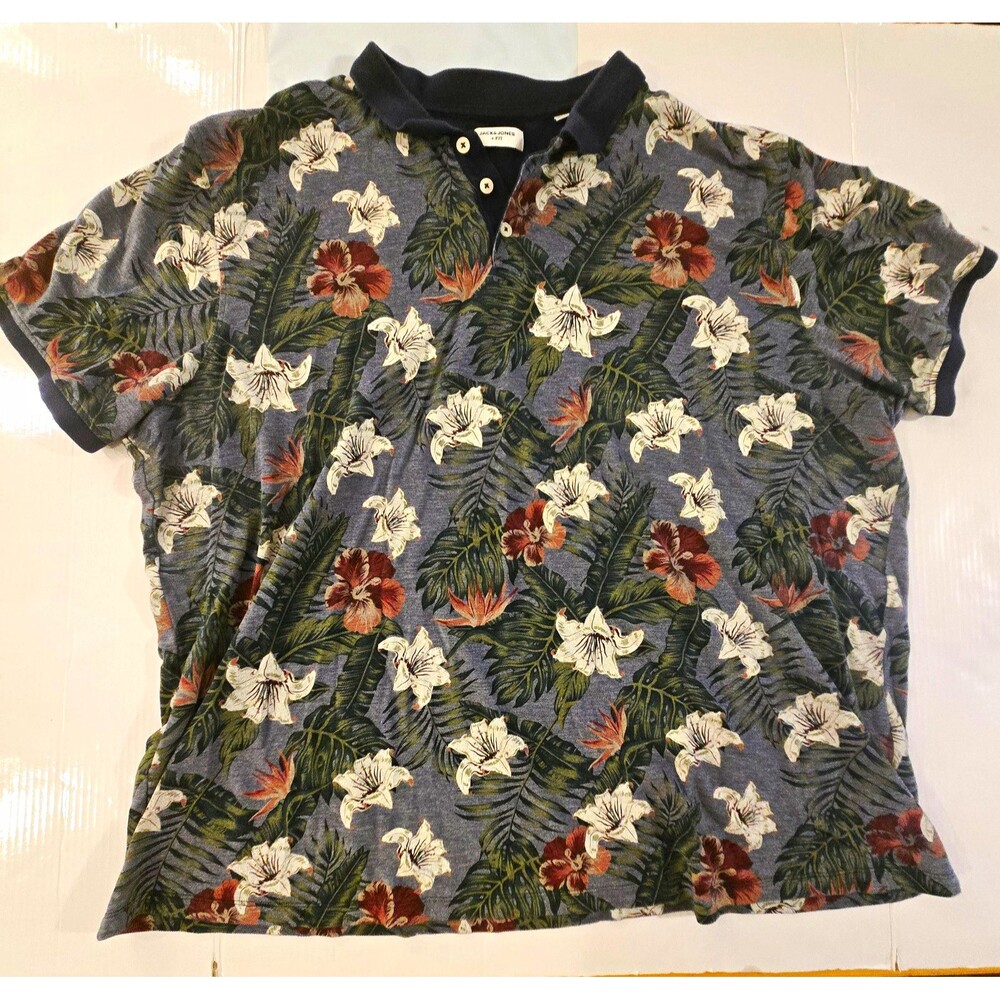 Jack & Jones Men's XL Regular Blue Tropical Floral Knit Polo Shirt Short Sleeve
